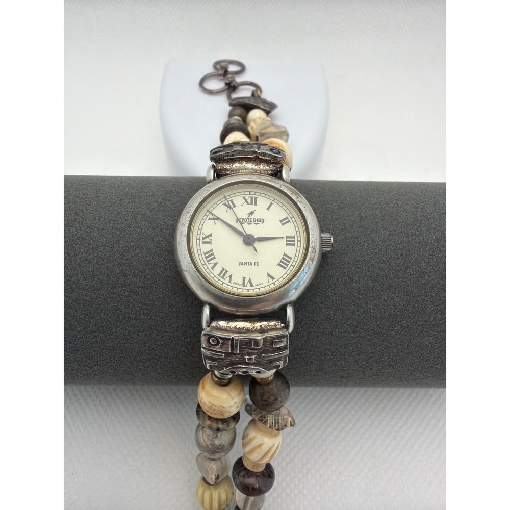 Peyote Bird Wristwatch Womens 7.5in Silver Tan Fair Beaded Southwestern Santa Fe
